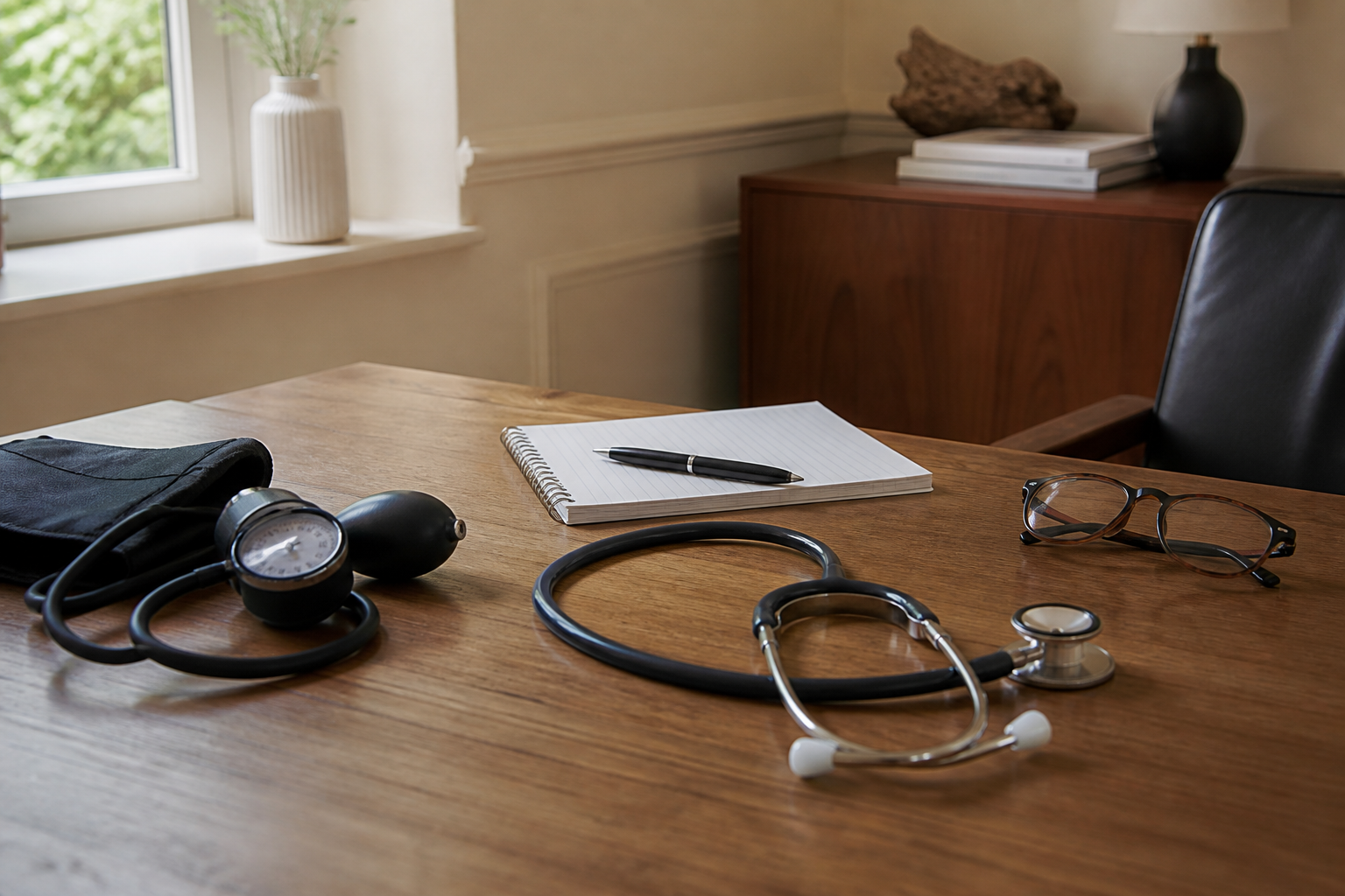 Bureau médical avec stéthoscope et tensiomètre