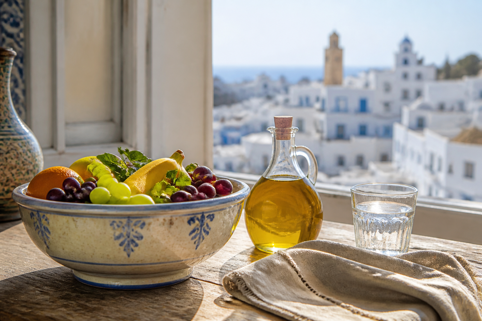 Fruits frais et verre d'eau sur une table ensoleillée